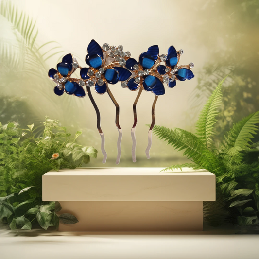 Blue Butterfly & Diamante Design Hair Comb