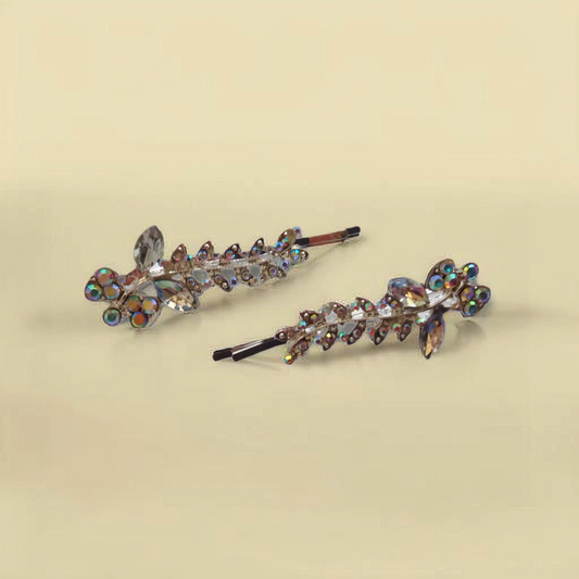 Silver Floral Design Diamante Hairpin Pair